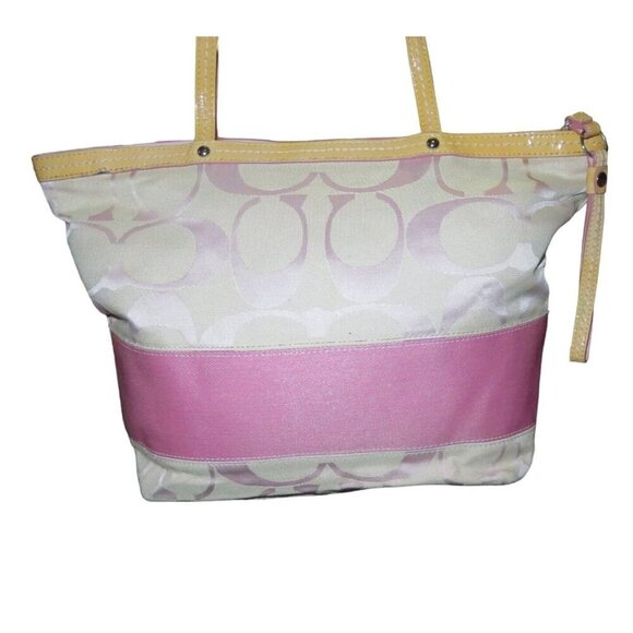 Coach Signature C Cream & Pink Stripe Canvas & Leather Tote Bag - Picture 2 of 13